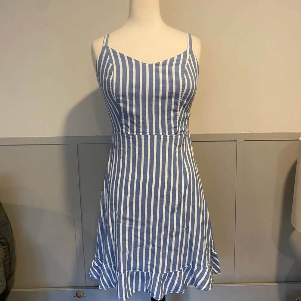 Old Navy Blue White Striped Seersucker Cami Ruffle Dress